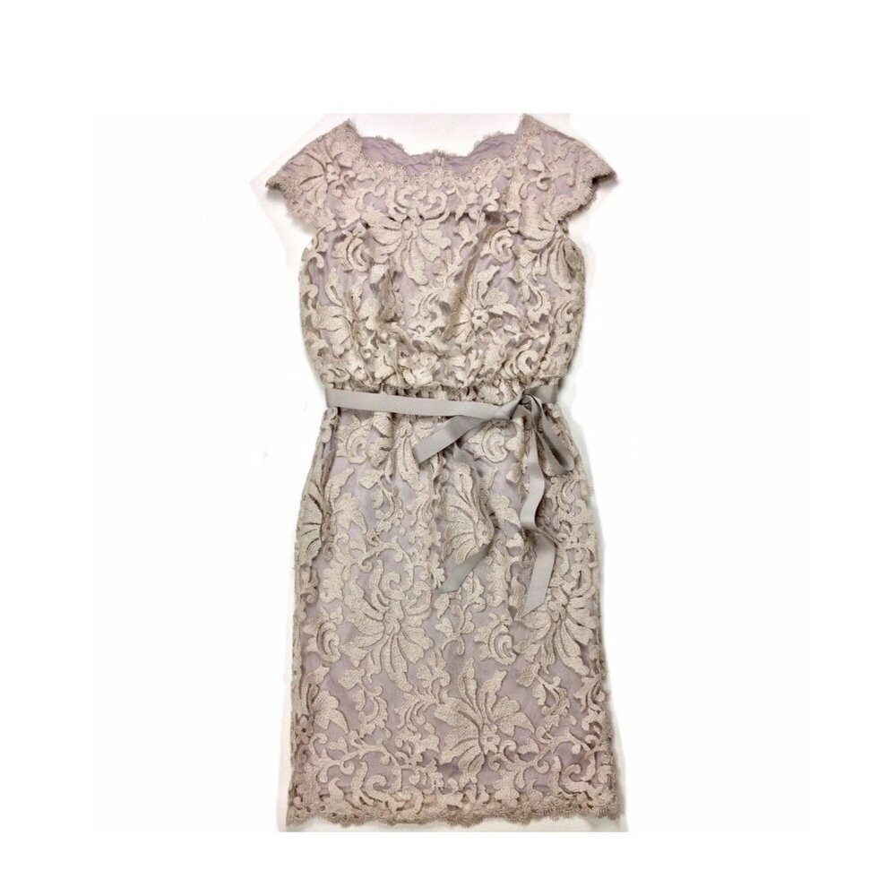 Tadashi Shoji Nude Beige Floral Embroidery Lace Overlay Pencil S/S Dress Size 6P